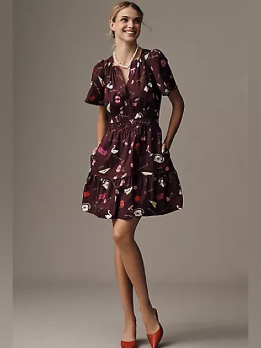 Anthropologie Plum Floral & Whimsy Tiered Mini Dress